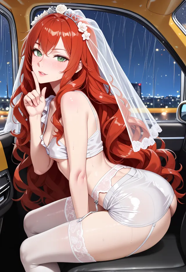 The bride in the back seat of a taxi at night, finger on her lips