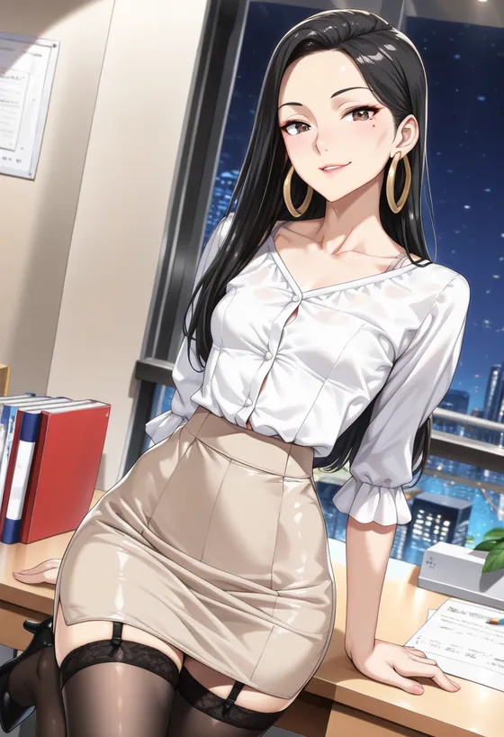 A black-haired woman in a white blouse and pencil skirt, leaning on an office desk at night